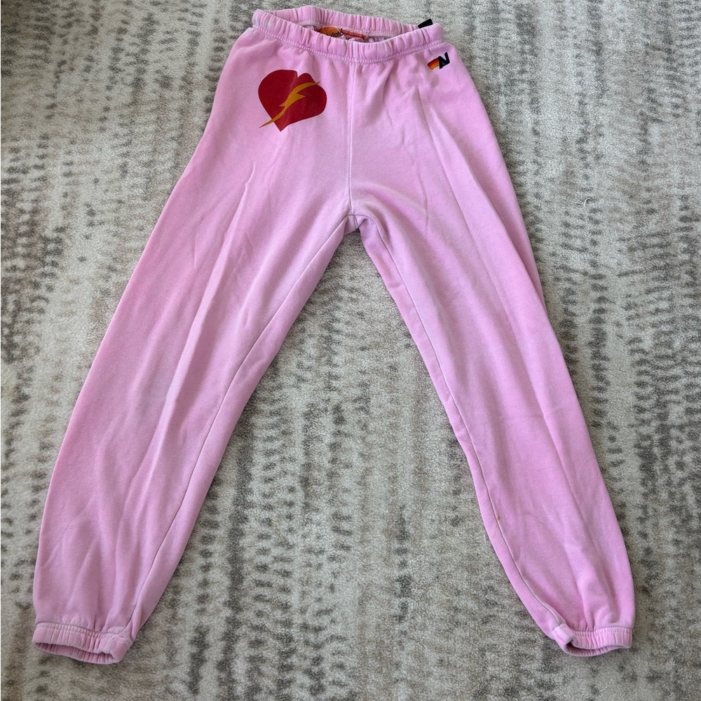 Aviator Nation Pink Joggers with Red Heart and Yellow Lightning Bolt